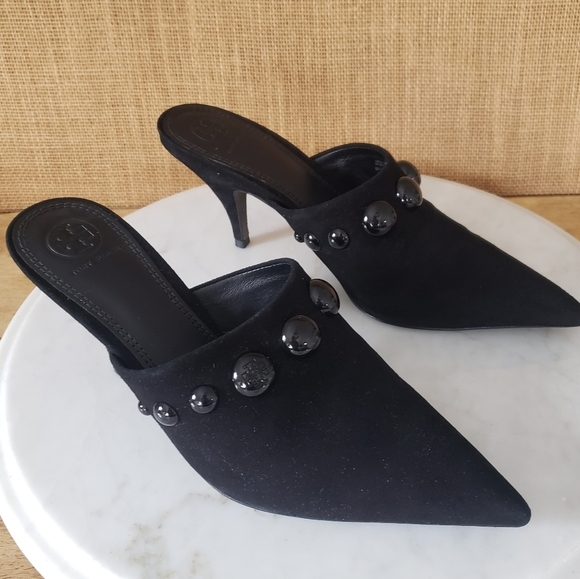 Tory Burch Shoes - NWT $378 Tory Burch Black Suede Georgina Stud Kitten Heel Mule Sandal Size 8.5